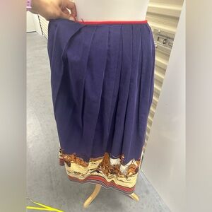 Vintage Blue Midi Skirt with Horse Scene